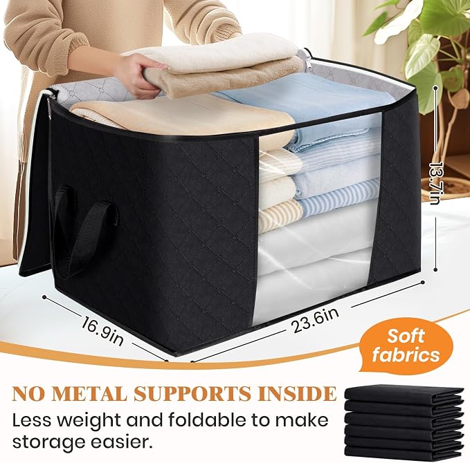 Fab totes 24 Gallons Clothes Storage, Foldable Thick Fabric Blanket Storage Bags, Containers for Organizing Bedroom, Closet, Clothing, Comforter, Organization with Handle (4 Pack,Black)