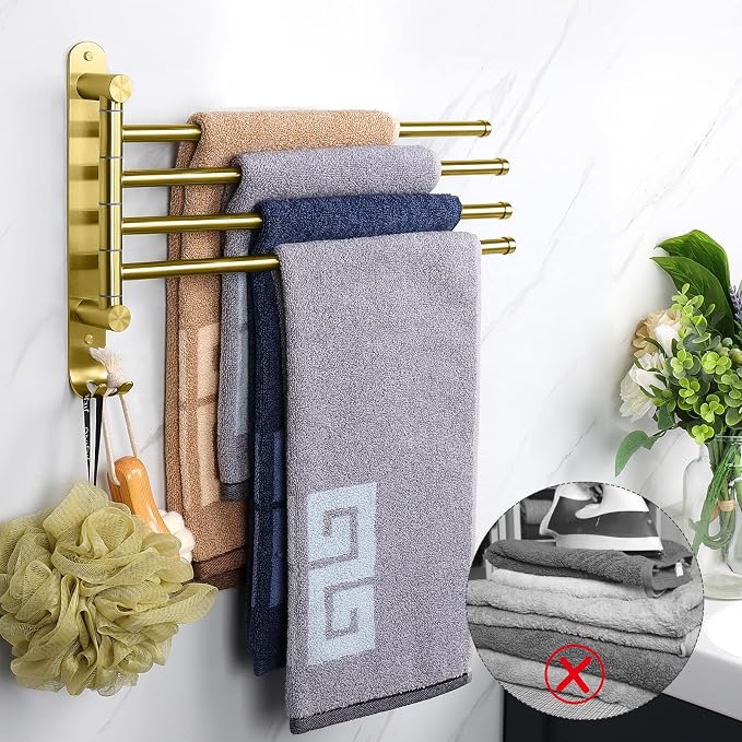 NearMoon Swivel Towel Rack, 13.8" Thicken 304 Stainless Steel 4-Arm Towel Bar, Space Saving Wall Mounted Towel Holder with Hook, Rustproof Swing Out Towel Hanger for Bathroom, Kitchen (Brushed Gold)