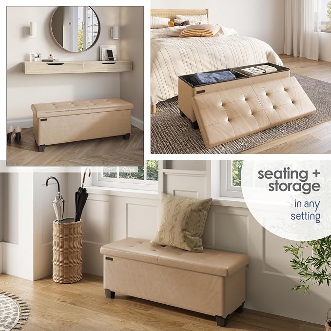 Storage Ottoman Bench with Bins, 43-in Storage Bench for Bedroom End of Bed, Folding Foot Rest Ottoman for Living Room Max 660lbs, Leather Ottomans, Taupe