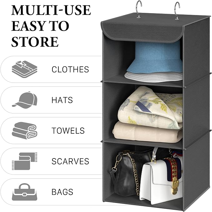 Simple Houseware 3 Shelf Hanging Closet Organizer, Dark Gray | 360° Rotating Dual Hooks, Top Support Metal Frame