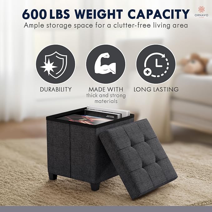 Ornavo Home Square Cube Storage Ottoman with Legs, 15x15x15, Black | Foot Rest Stool Seat; Holds Up to 600 lbs; Ideal for Living Room, Bedroom, Home Office or Dorm