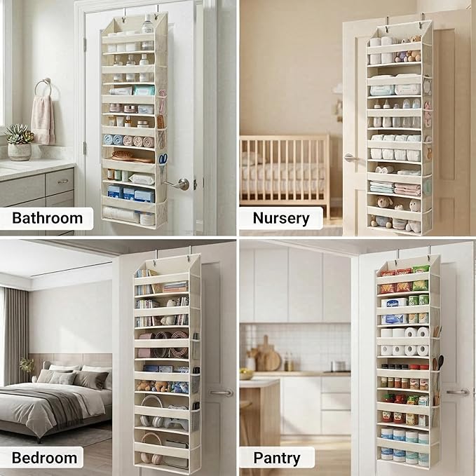 HOMELUX THEORY UPGRADED 6 Tiers Over The Door Organizer Hanging - 100D EXTRA THICK & 50lbs HUGE CAPACITY, 12 Side Mesh Pockets Over The Door Shoe Organizer, Hanging Closet Organizer (Ivory, 1pc)
