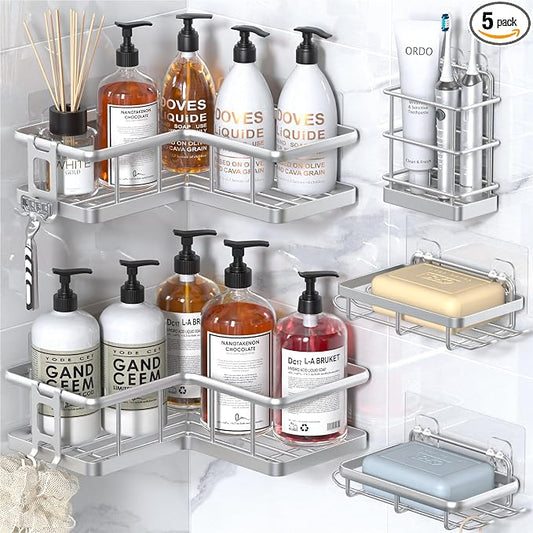 YASONIC Corner Shower Caddy Adhesive, 100% Rustproof Shower Organizer with Soap and Troothbrush Holder, No Drill Shower Shelf for Inside Shower, Wall-Mounted Shower Storage for Homes (5 Pack, Silver)