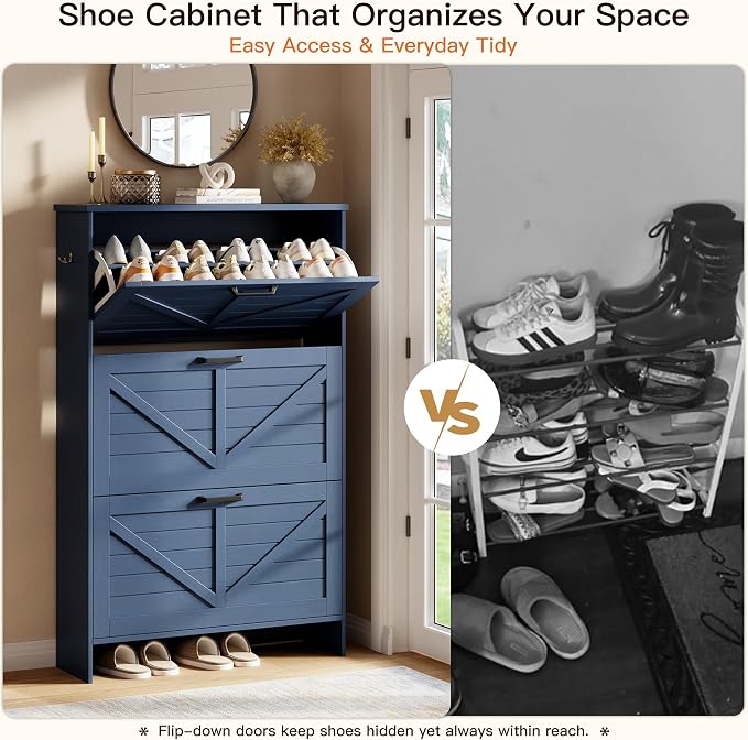 Shoe Cabinet for Entryway, 3 Flip Drawers Shoe Storage Cabinet with 3-Tier Adjustable Shelves, Ultra Slim Freestanding Hidden Shoe Organizer with Barn Door Design, Navy Blue