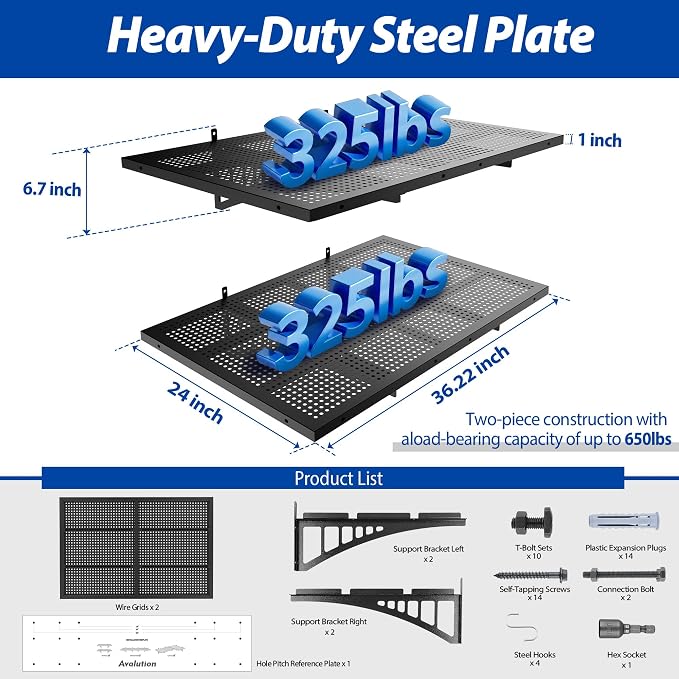 Avalution Garage Wall Shelving,2x3ft Garage Shelving Wall Mounted 2 Pack,Heavy Duty Wall Organizer Storage Shelf with Hooks,650lbs Capacity Floating Shelves for Laundry, Basement,Warehouse,Black