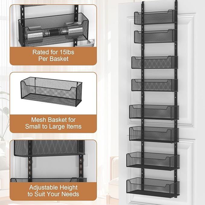 VyGrow Over The Door Organizer, 8-tier Metal Door Organizer Hanging with Adjustable Baskets, Behind The Door Storage for Bedroom Closet Bathroom Pantry Cabinet Kitchen, Black
