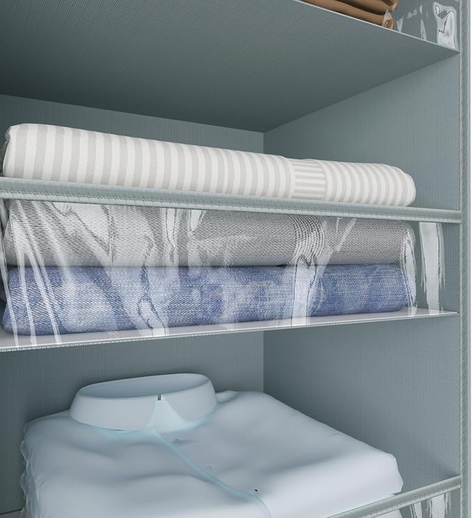 3 Shelf Hanging Closet Organizer Front Lip Design, Wider and Foldable Hanging Closet Wardrobe Storage Shelves with 4 Side Pockes, Clothes Handbag Shoes Accessories Storage, Gray