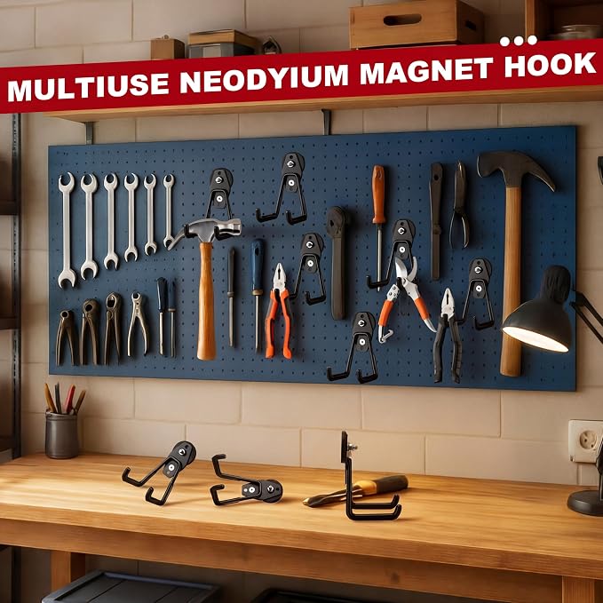 Landhoow 34 Pcs Large Magnetic Hooks Heavy Duty Garage Magnet Hooks Strong Storage Utility Magnetic Hangers with Anti Slip Rubber Coating for Indoor and Outdoor Hanging (Black)