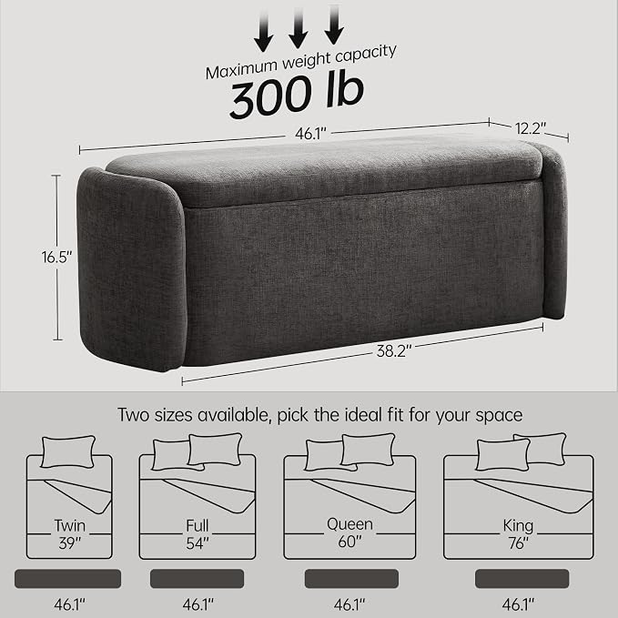 VKNOW Storage Bench, Upholstered Storage Ottoman Bench with Hinge, Grey | Ottoman Bench with Large Capacity, Curved Frame, Soft Fabric, Storage Bench for Bedroom, Living Room, Entryway, Window
