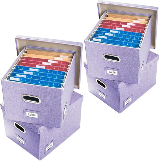 File Organizer Box - Set of 4 Collapsible Decorative Linen Filing Storage Hanging File Folders with Lids Office Cabinet Letter/Legal Size Purple 17.1x14x11.1 inch