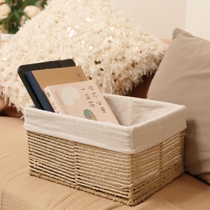 GYASVWU Hand-Woven Paper Rope Storage Baskets,Rectangular Wicker Baskets for Organizing,Decorative Woven Basket for Storage,Shelf Basket for Living Room,Storage Baskets for Pantry (Beige - Small)