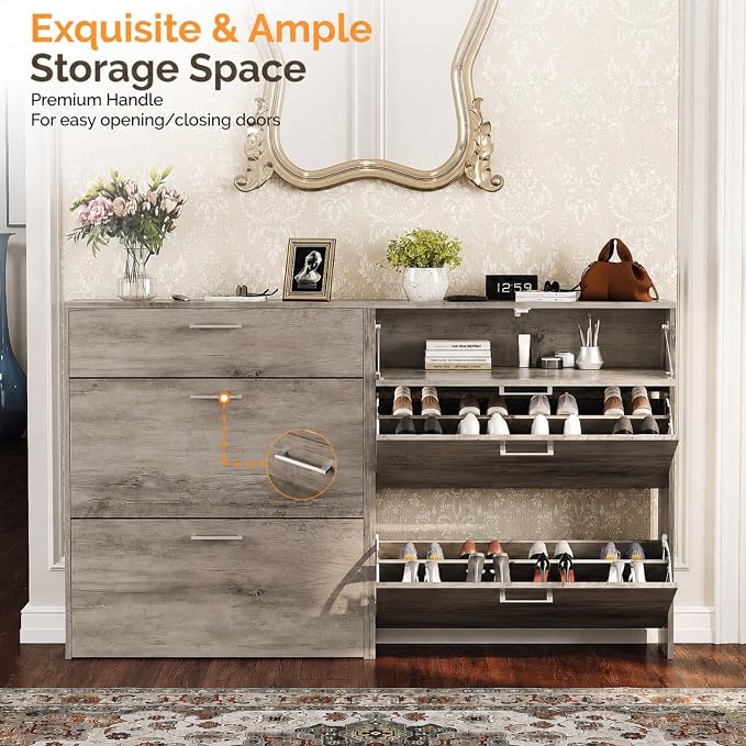 VINGLI Grey Shoe Cabinet for Entryway, Slim Shoe Rack Storage with 3 Flip Drawers, Rustic Washed Grey Wood Finish, Narrow Hidden Shoe Organizer for Hallway, 9.5" Depth, Greige