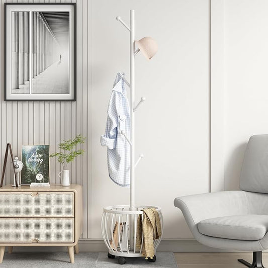 Coat Rack Freestanding Coat Stand with Basket 6 Hooks Wheels,White | Metal Coat Rack Stand Coat Tree for Home Entryway Bedroom Living Room Office Corner Modern Organizer for Scarf Jacket Hat Bag