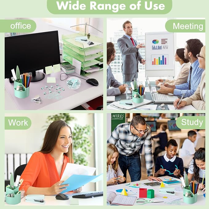 Sage Green Desk Accessories Office Supplies Set, 12 Pcs | 360° Rotating Pen Holder, Stapler, Tape Dispenser, Scissor, Sticky Notes, Binder Clips, Desk Organizers Gift for School