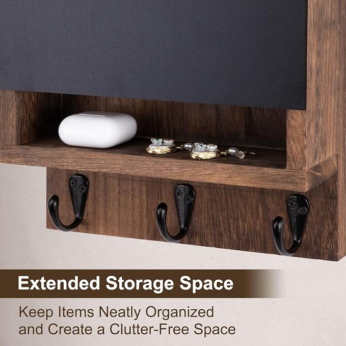 Key and Mail Holder for Wall, Key Holder with Chalkboard and Long Storage Box, Key Hanger with 3 Sturdy Hooks for Coat, Dog Leash, Entryway Mail Organizer (Brown)