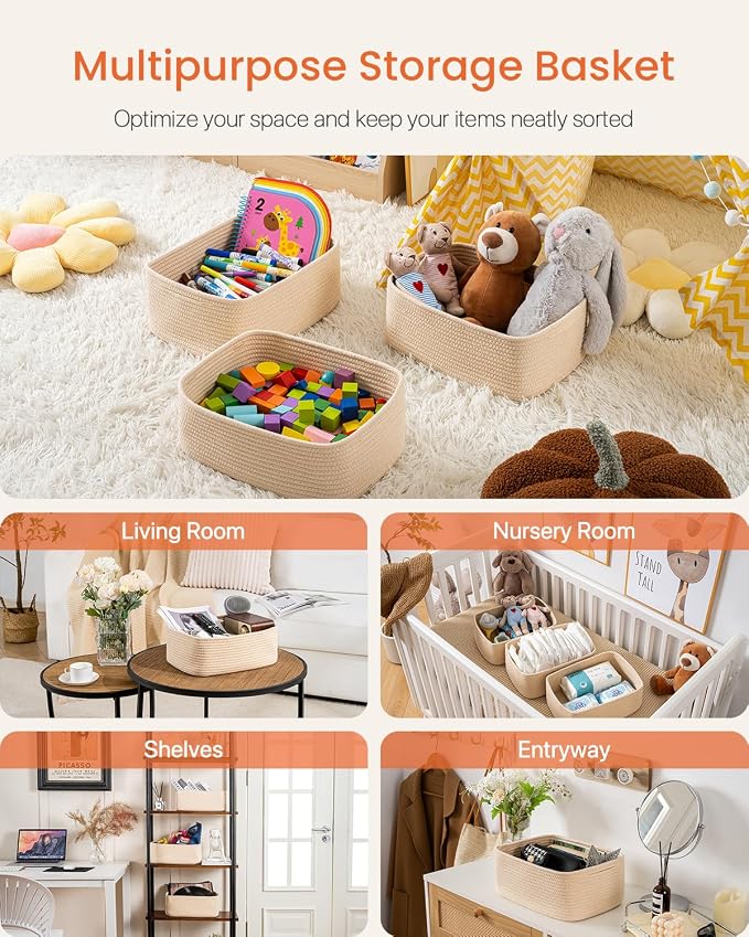 KALLAX Small Woven Storage Basket for Organizing, 13.5x9.5x5 inches, 3 Pack | Shelf baskets for closet organization, toy storage and home decor, Perfect as empty gift baskets for holidays, Beige