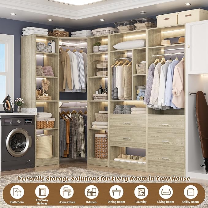 Besiost Corner Closet System with 5 Drawers, Closet Organizer System with 15+Shelvess & 4 Hanging Rods, 63.2"L * 63.2"W / 87.2"L * 39.2"W Reversible L Shaped Walk-in Closets, Load 2500+LBS, White Oak