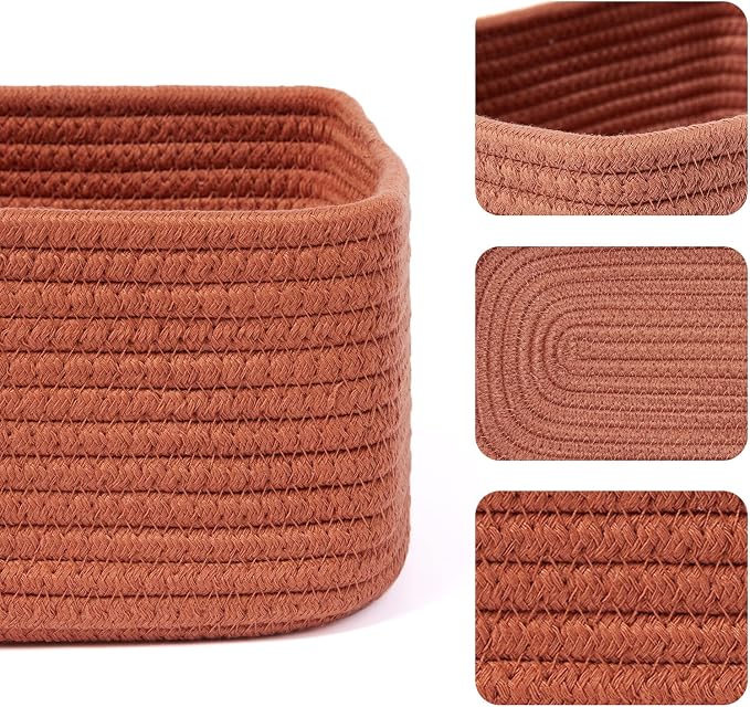 MiniArk Small Storage Baskets for Organizing | Closet Organizer Bins | Shelf Toy Basket | Woven Rope Baskets | Cube Decorative Box | Shallow Basket | 11.5x7.5x4.7” | 3 Packs Oxide Red