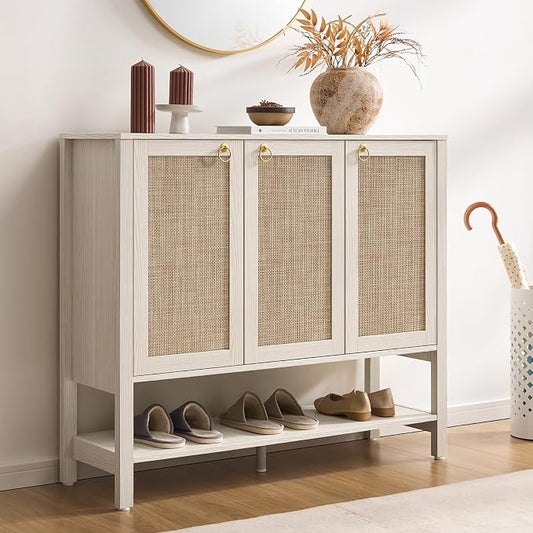 SICOTAS Rattan Shoe Cabinet with Storage, White Large Shoe Organizer | 30 Pairs Boho Shoe Rack Cabinet with 3 Doors & Adjustable Shelves for Entryway, Hallway, Living Room, Closet