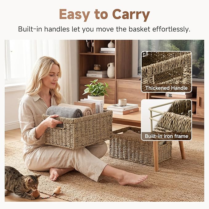 StorageWorks Wicker Storage Baskets, Handwoven Seagrass Basket for Organizing, Decorative Organizers with Built-in Handles, Set of 2