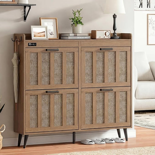 ChooChoo Shoe Storage Cabinet with 4 Flip Drawers and Deodorizer | Shoe Organizer Storage for Entryway, Freestanding Hidden Slim Narrow Shoe Rack Cabinet, Rustic Oak