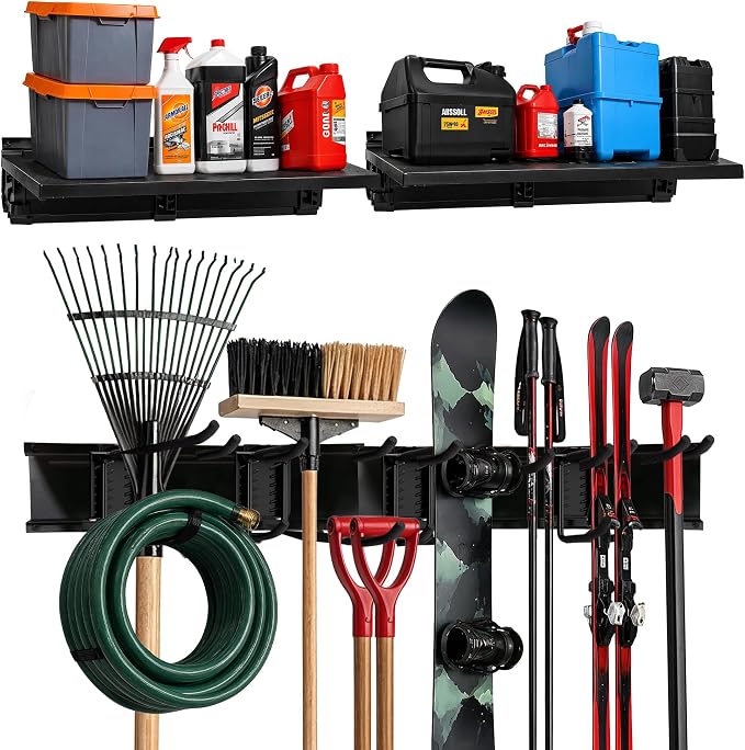 TIDYME Garage Tool Organizer Wall Mount 64", 2 Shelves & 4 Double Hooks | 2x16.5 in floating shelves hold 120 lbs each, 10 in double-layer hooks, anti-rust carbon steel, garage organization