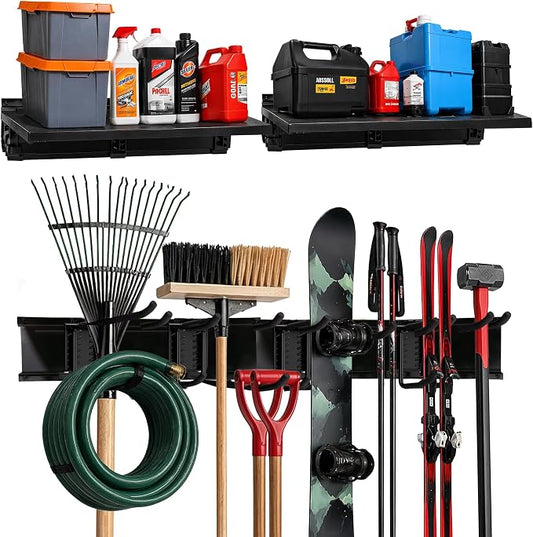 TIDYME Garage Tool Organizer Wall Mount 64", 2 Shelves & 4 Double Hooks | 2x16.5 in floating shelves hold 120 lbs each, 10 in double-layer hooks, anti-rust carbon steel, garage organization