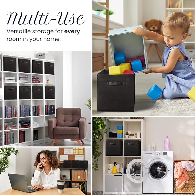 Reli. Storage Cubes (8 Pack) | Black Fabric Cube Bins 11"x11" | Collapsible Organizer | Reinforced Handles | Space-Saving Foldable Design | Children's Toys, Clothes, Craft Supplies, Linens
