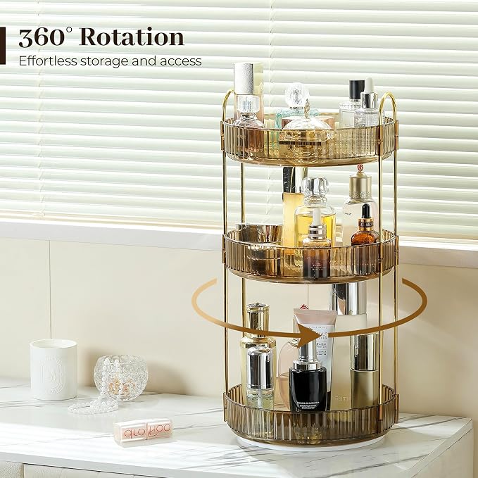 Aveniee Rotating Makeup Organizer for Vanity, 3 Tier Perfume Organizers and Storage for Bathroom Countertop, Clear Spinning Skincare Counter Shelf Holder for Dresser,Brown