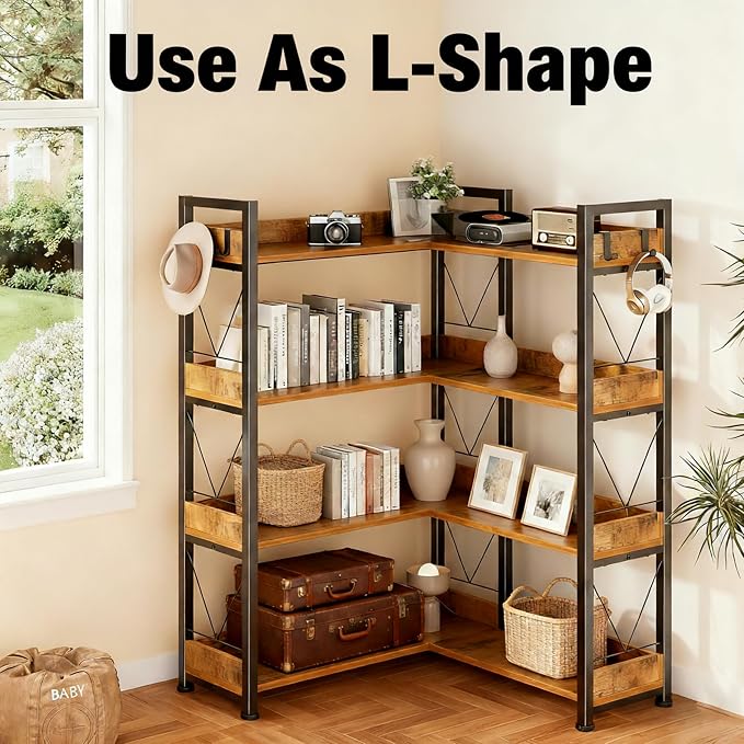 HealSmart 5 Tier L Shape Bookshelf, 65" Corner Bookcase with Hooks and Edge, Industrial Wooden Bookcase with Open Shelves and Metal Frame for Living Room, Bedroom, Home Office, Kitchen, Brown