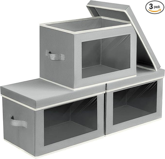 Homsorout Storage Bins, Storage Baskets for Shelves with Window, Fabric Storage Bins with Handle, Foldable Storage Cubes Boxes for Organizing for Clothes, Towels, Books, 3 Pack, Grey