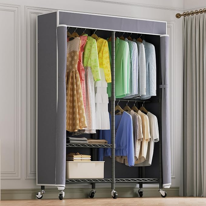 Higeego H9 Heavy Duty Rolling Clothes Rack with Cover, Covered Garment Rack with Wheels and Shelves, Wardrobe Closet, Portable Closet for Hanging Clothes, Black Clothing Rack with Grey Cover