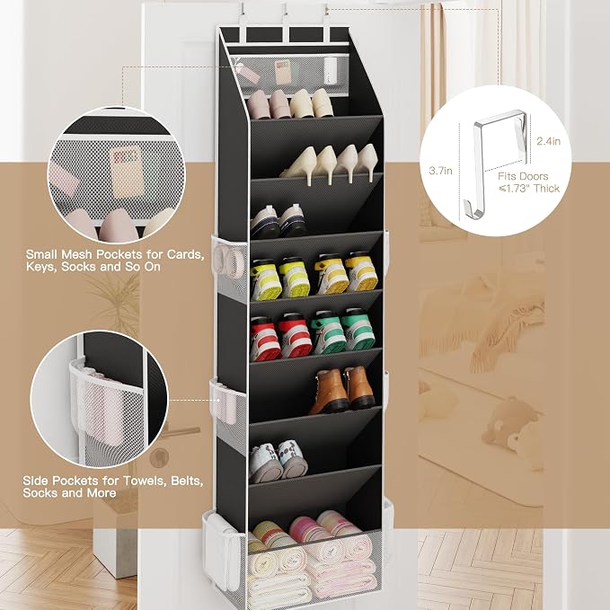 Shoe Organizer, Over the Door Shoe Organizer for Closet, Hanging Closet Shoe Storage with Large Deep Pockets, Holds Sneakers, Sandals, Boots, Fits 16–24 Pairs, Black