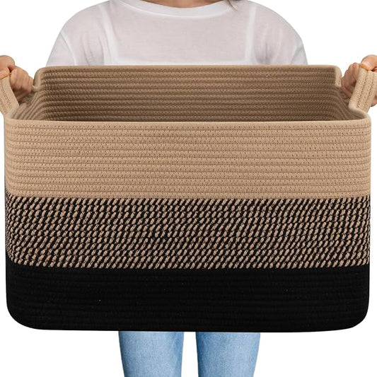 OIAHOMY Large Blanket Basket, 65L Cotton Rope Woven Laundry Basket, Toy Bin for Baby Room, Container for Blanket Storage in Living Room, 20''×16''×12'', Brown & Black