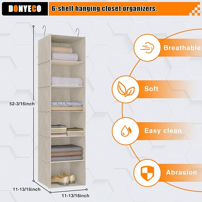 Hanging Closet Organizer 6-Tier, Oxford Wardrobe Storage, Beige Houndstooth | Easy-mount foldable design holds clothes, handbags, shoes & accessories; washable Oxford fabric, sturdy and space-saving.