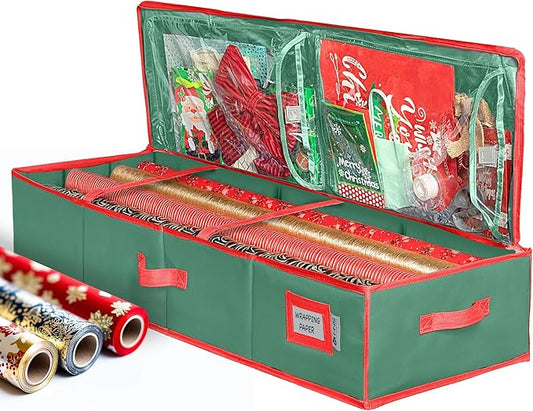 HOLDN’ STORAGE Premium Wrapping Paper Storage Container, Green | Durable 600D Tear-Proof, Fits 27 Rolls Gift Wrap, Extra Pockets for Ribbons & Bows, Underbed Storage