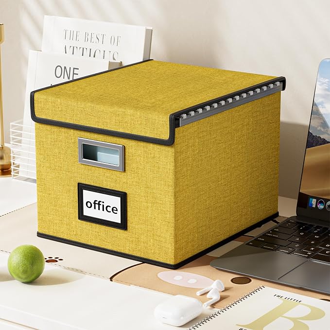 File Organizer Box with Lids, Collapsible File Folder Organizer | File Box with Plastic Slides for Office Document Storage, Filing Bin for Letter Size Hanging File Folders (1 Pack, Yellow)