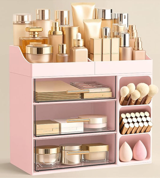 HBlife Makeup Organizer Countertop with Brush Holder,Large Bathroom Counter Organizer with Drawers,Skincare Organizers for Vanity,Plastic Dresser Organizer Storage Gift for Women Girl Mom,Pink