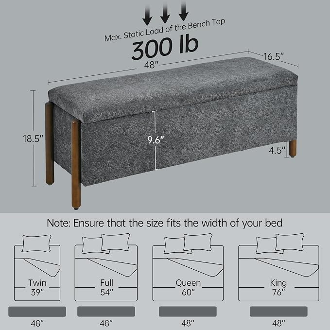 Usaint Wooden Storage Ottoman Bench, 47" Fabric Upholstered End of Storage Bench with Rubberwood Legs, Entryway Bench with Storage for Bedroom, Living Room, Reception, Cloakroom, Charcoal