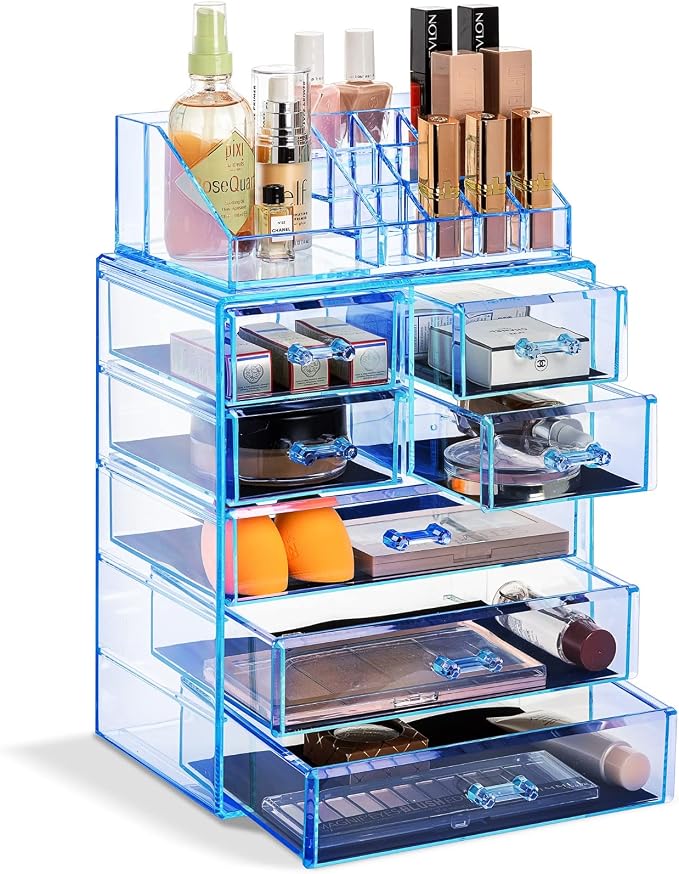 Sorbus Acrylic Makeup Organizer Set, 7-Drawer Vanity & Countertop Cosmetic Storage with Small & Wide Compartments, Blue Brilliance Makeup Storage for Brushes, Jewelry – Holiday Gift for Women & Teens