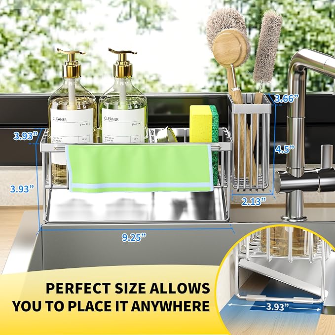 Cisily Kitchen Sink Caddy Organzier with High Brush Holder, Sponge Holder for Sink, 304 Rustproof Stainless, Kitchen Countertop Soap Dispenser Organizer (Silver With Towel Rack, 9.25″)