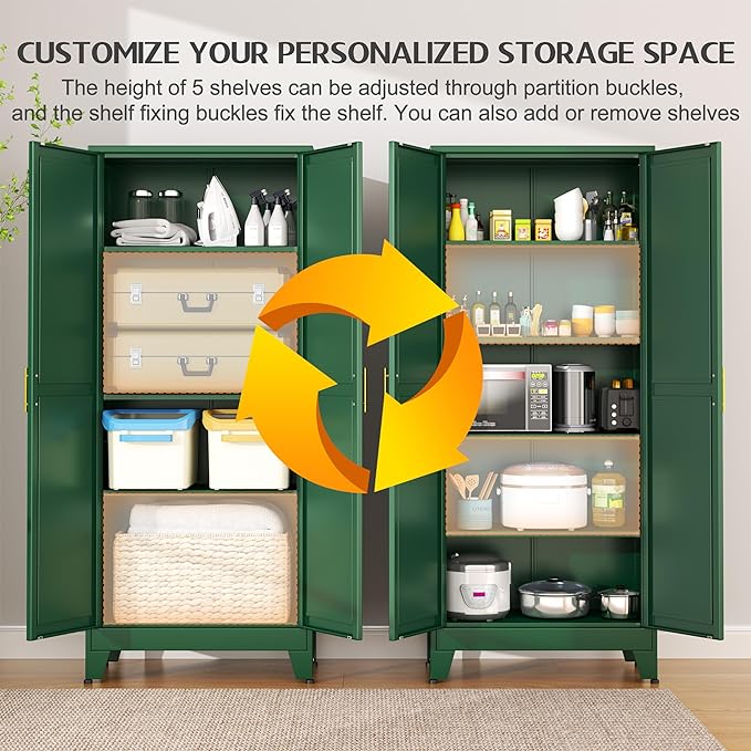 GAIOUS 75.2" Tall Kitchen Food Pantry, Pantry Cabinet with 2 Door and 5 Adjustable Shelves, Green Laundry Room Cabinets, Freestanding Pantry for Kitchen, Study Room, Dining Room and Entryway