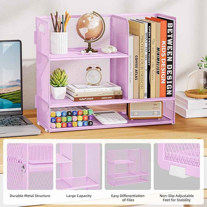 Marbrasse Desk Shelf Organizer with Handle, Bookshelf File Holder, Purple | 3-Tier Desktop Mesh Display Shelf Organizer Storage Rack for Office, Home, Supplies, Kitchen