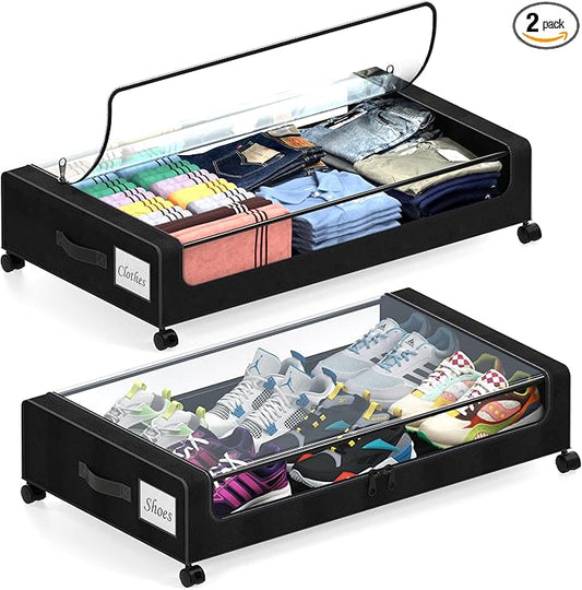 Under Bed Storage with Wheels, 2 Pack Under Bed Storage Containers with Clear Lids, XXL 65L Under Bed Storage Organizer, Rolling Under Bed Metal Drawer for Blanket, Clothes, Shoes (31 x 17 x 6.69 in)