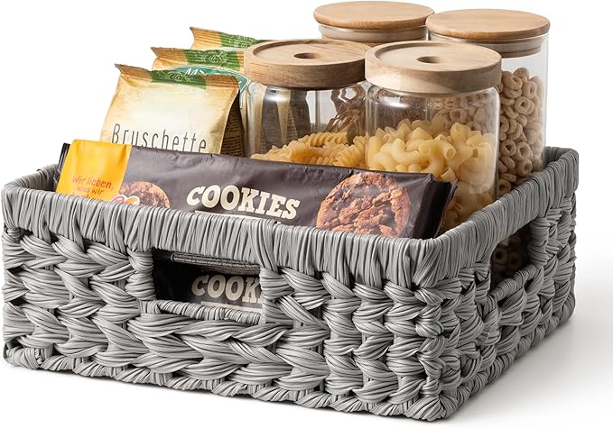 GRANNY SAYS Wicker Basket for Organizing, Wicker Storage Basket for Shelves, Woven Basket for Pantry Storage, Rectangle Basket, Gray, 1-Pack