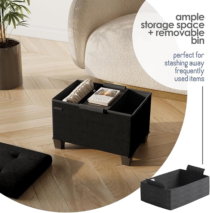 Storage Ottoman Cube with Small Bin, 16-in Square Ottoman with Storage for Living Room and Bedroom, Small Ottomans Foot Rest, Velvet Foot Stools Ottomans Max 330lbs, Black