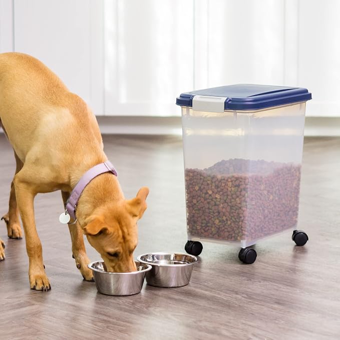 IRIS USA Airtight Dog Food Storage Container, Up to 30 lbs, Attachable Wheels, for Dog Cat Bird and other Pet Food Storage Bin, Keep Fresh, Easy Mobility, BPA Free, Navy