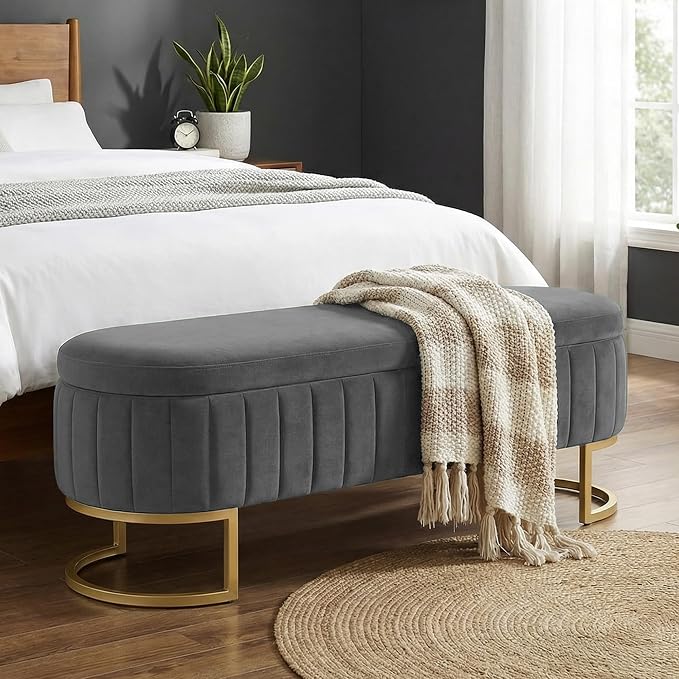 51" Velvet Storage Ottoman Bench End of Bed for Bedroom Entryway Light Grey