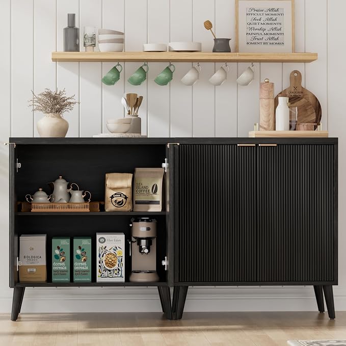 Homleke Fluted Buffet Cabinet with Storage, Modern Sideboard Cabinet | Double Doors, Adjustable Shelf, Accent Buffet Table for Kitchen, Dining Room, Living Room, Entryway & Hallway, Black