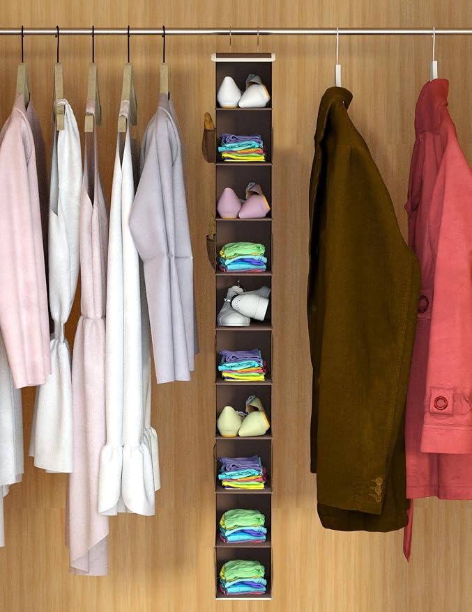 Libeder 10-Shelf Hanging Closet Shoe Organizers with Side Pockets, Coffee | Hanging Closet Organizer with Side Pockets for Wardrode,Dorm, Folding Shoe Racks, Space Saving Hanging Shelves with Hooks